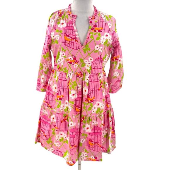 SPARTINA 449 Pink & Green Bird Wilson Maisie Ruffle Tiered Notch Neck Dress Sz M - Picture 3 of 8